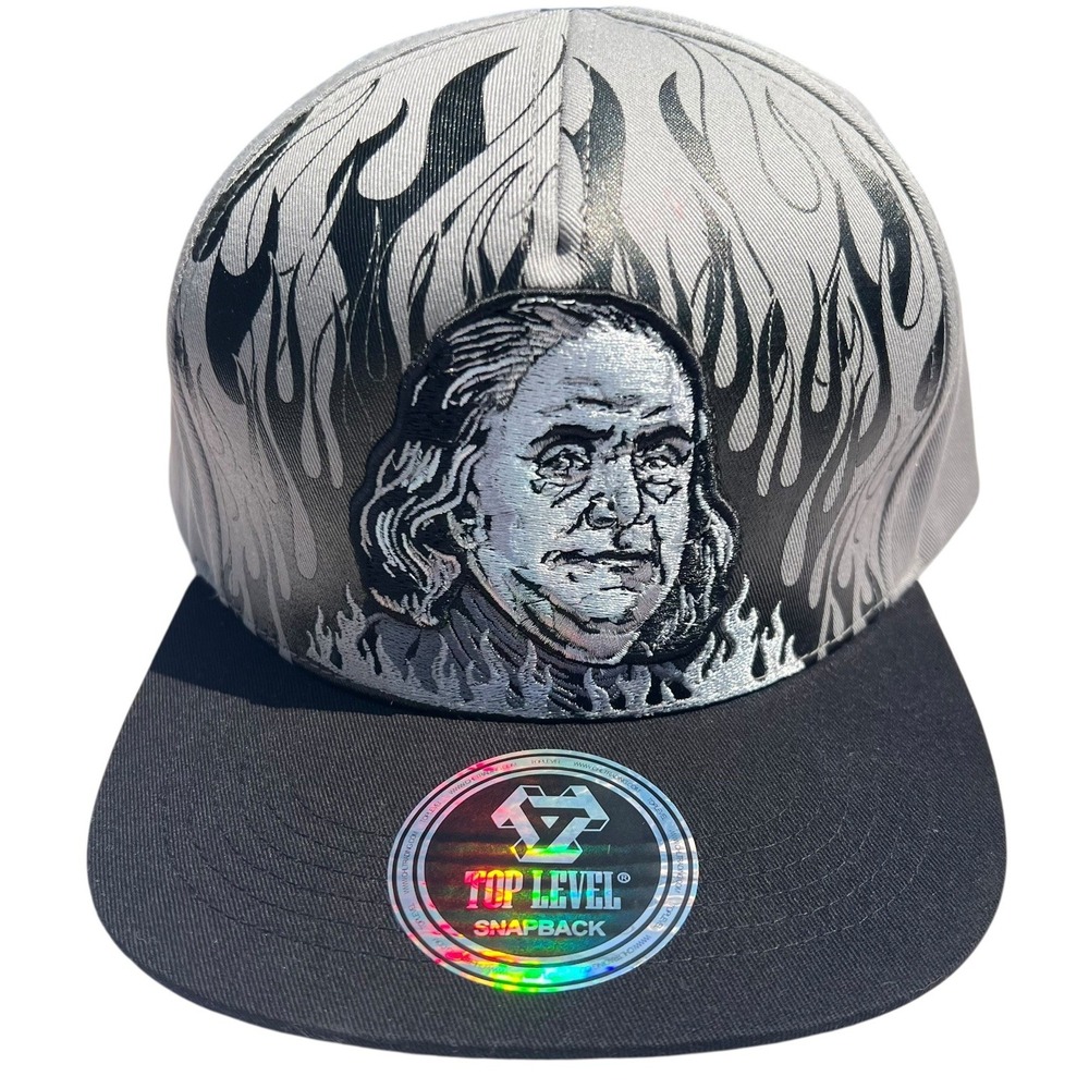 Top Level Ben Franklin Gray Flames SnapBack Money Dollar Bill Hat/Cap  NWT